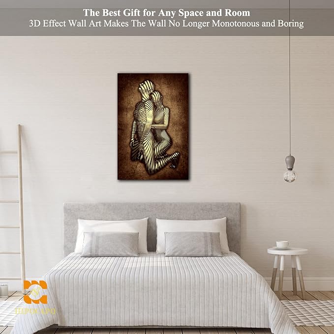 3D Metal Effect Canvas Wall Art- Gold 3D Metal Canvas Art Silver 3D Canvas Art Wall Decor for Modern Living Room, Romantic Couple Living Room Canvas Wall Art Framed 18”x24”x1Pcs