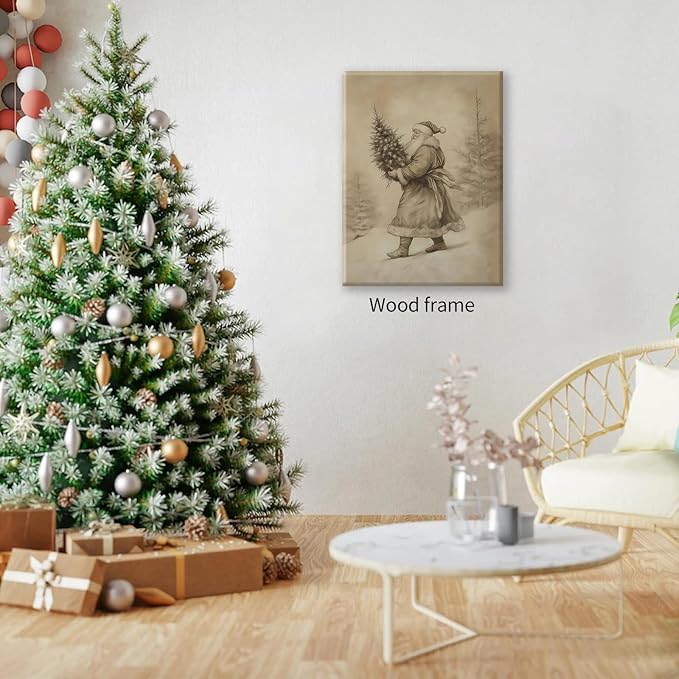 Santa Claus Sketch Poster Vintage Christmas Tree Wall Art 08x10 inch Framed Antique Winter Landscape Canvas Pictures Cozy Holiday Wall Decor