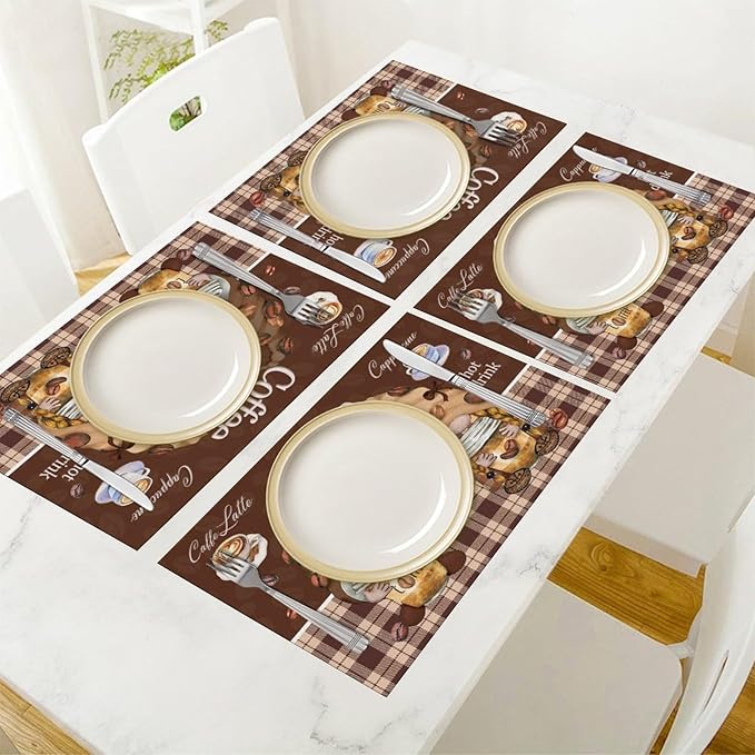 Coffee Gnomes Placemat Set of 6, 12x18 Inch Rustic Brown Plaid Buffalo Plaid Coffee Cups Beans Print Farmhouse Washable Heat Resistant Table Mats for Outdoor Farmhouse Kitchen Dining Decor