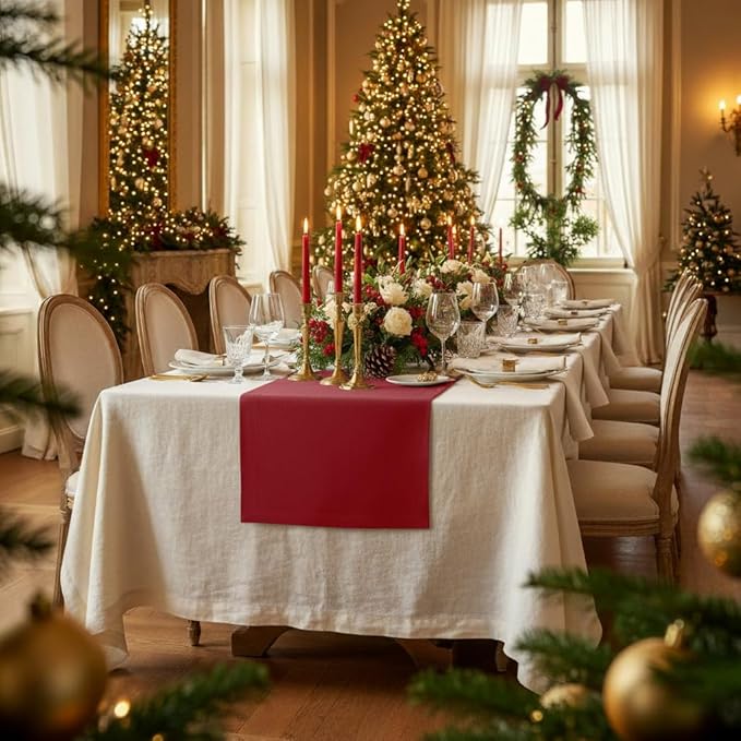 D'Moksha Homes Linen Red Table Runner 60 Inches - 100% Pure Linen Table Runner 14 x 60 Inch for Coffee Tables, Dresser, Fall, Thanksgiving, Christmas, Holiday - Machine Washable