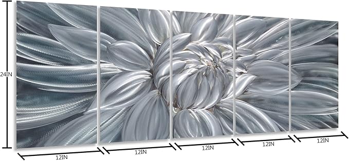 Yihui Arts Silver Metal Flower Wall Art, 5 Pieces Aluminum Artwork, Contemporary Botanical Sculpture for Living Room Bedroom Bathroom Decor