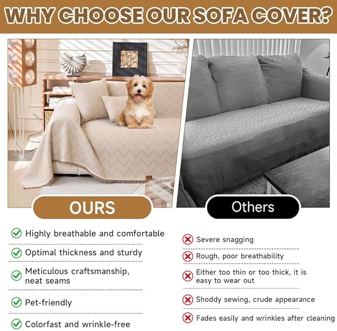 ROOMLIFE Boho Khaki Couch Covers for 3 Cushion Sofa, Couch Cover Sectional Sofa Cover for Dog, Washable Furniture Sofa Protector Cover Soft Blanket with Tassel for Living Room, 71''X118''