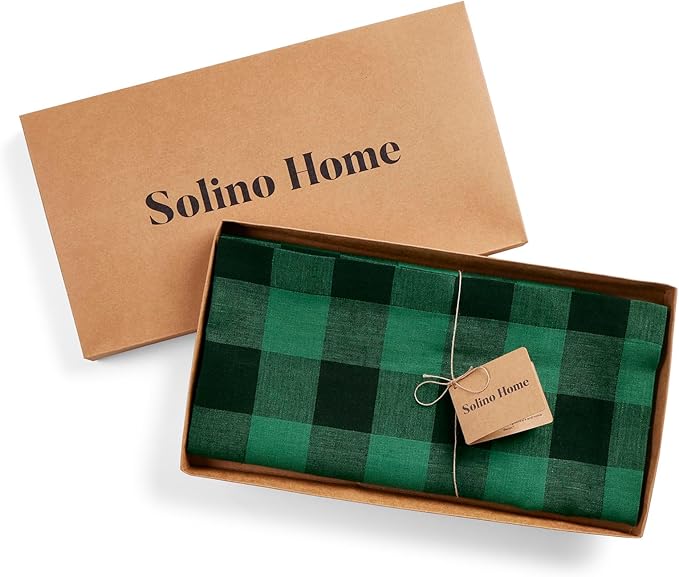 Solino Home Linen Checkered Tablecloth 60 x 120 Inch - 100% Pure Linen Buffalo Plaid Green and Black Table Cloth for Rectangular Tables - Machine Washable Tablecloth for Christmas, Winter