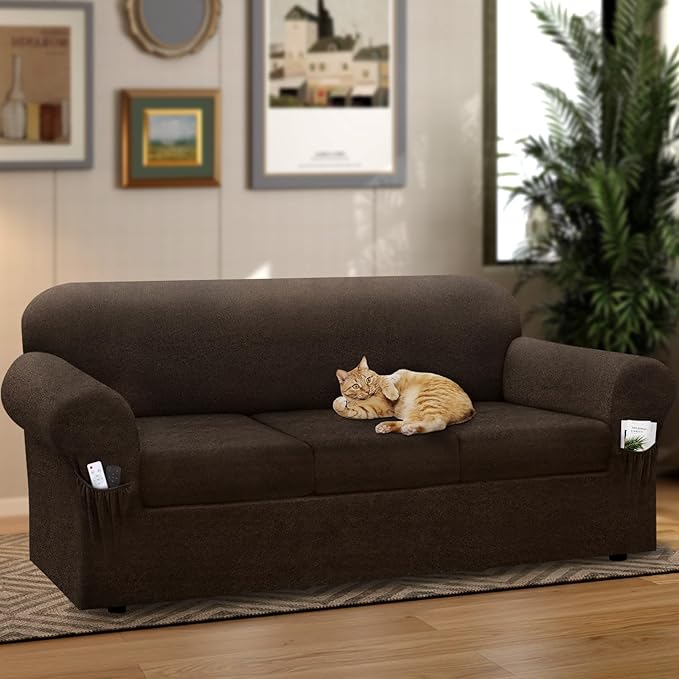 Sofa Slipcover with Armrest Pockets 4-Piece Set, Stretch Faux Leather Extra Large Couch Covers for 3-Cushion Couches(Fits 98-112") - Machine Washable, Pet & Kid Friendly - Brown
