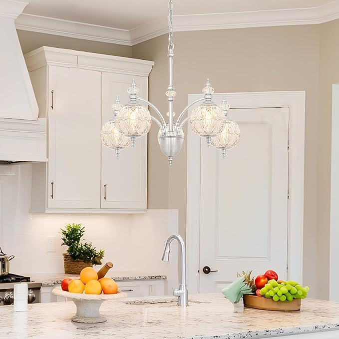 Vintage Brushed Nickel Chandelier - Adjustable Height Dining Room Light Fixture with Handcrafted Blown Glass - 5-Light E26 Base, Ideal for Kitchen, Entryway, Enhances Luxury Home Decor for Discerning