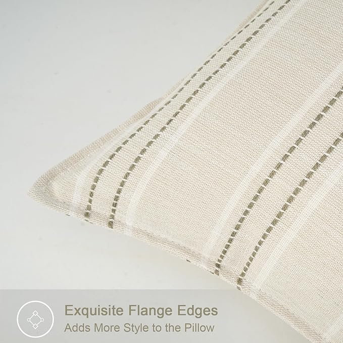 20X20 Decorative Farmhouse Linen Throw Pillow Covers, Boho Textured Pillow Case Set of 2 ,Beige with White & Gray Stitch Yarn Dyed Stripe Cushion Cover ,Modern Accent Square Pillowcase for Sofa Couch