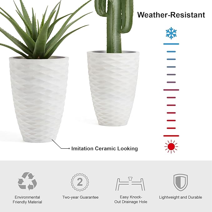 Glitzhome Set of 2 Outdoor Planter Polyresin Modern Decor Large Tall Gardening Containers Flower Pots, White