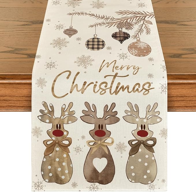 Artoid Mode Deer Snowflakes 210 GSM Merry Christmas Table Runner, Seasonal Winter Kitchen Dining Table Decoration for Home Party Decor 13x60 Inch