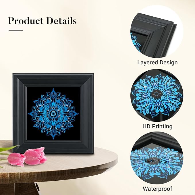 Brivoria Mandala Wall Art Home Decor, Framed Blue Mystic Waves Mandala Artwork, Modern Spiritual Accent for Bedroom Yoga Room Study or Meditation Space, Wall and Tabletop Display, 12x12