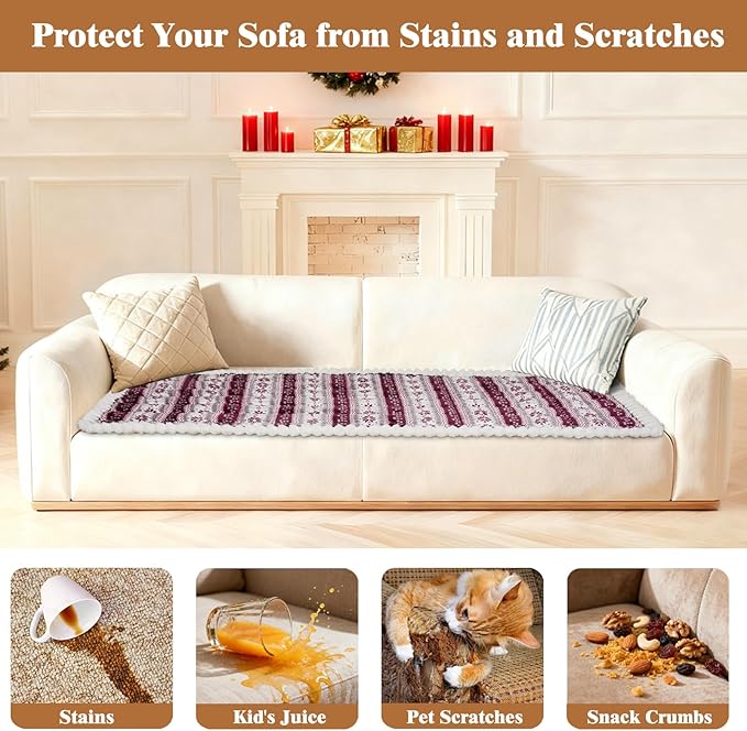 Cekene Christmas Snowflakes Couch Covers Washable Non-Slip Couch Cushion Covers Fuzzy Sofa Cover for Pet (Dark Red,27.6" x 59.1")