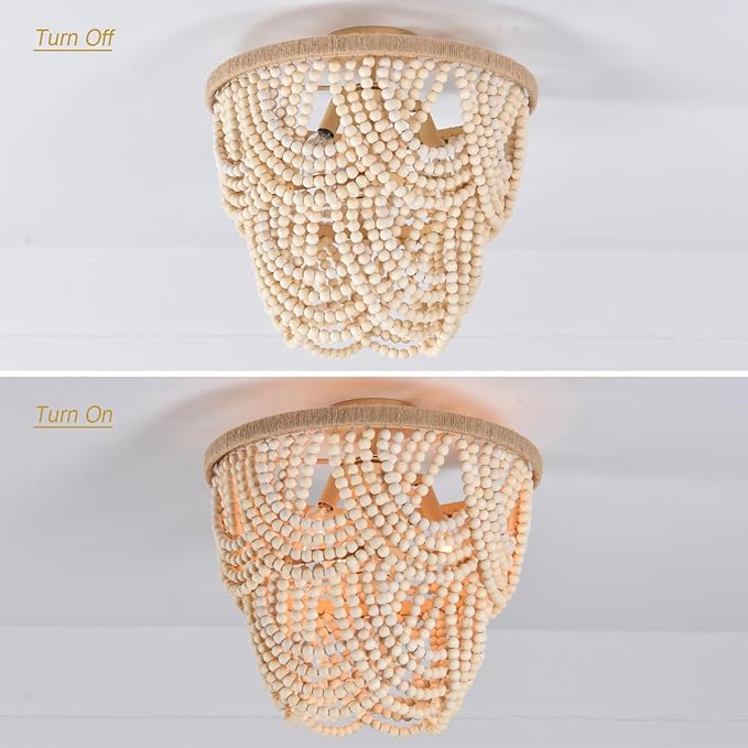 Boho Wood Beaded Chandelier Retro Vintage Antique Rustic 3 Lights Ceiling Lamp Light fixtures for Dining Room Kitchen Living Room Bedroom Foyer Office