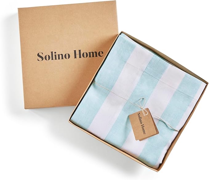 Solino Home Linen Striped Tablecloth 60 x 132 Inch - 100% Pure Linen Aqua and White Table Cloth for Rectangle Tables - Cabana Stripe, Machine Washable Tablecloth