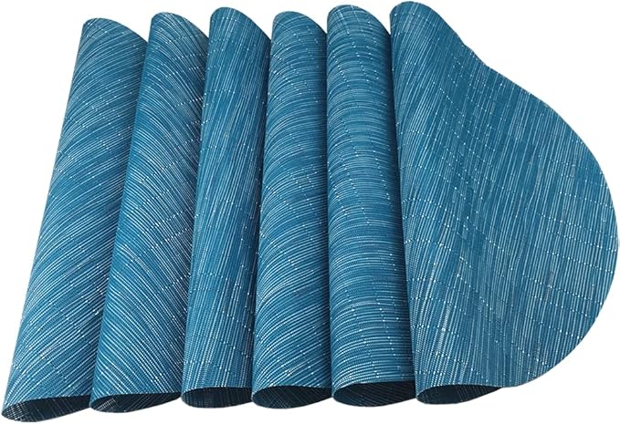 WAZAIGUR Round Placemats Set of 6 Woven Vinyl Easy to Clean Heat Resistant Kitchen Table Mats 15 Inch(Blue 6)