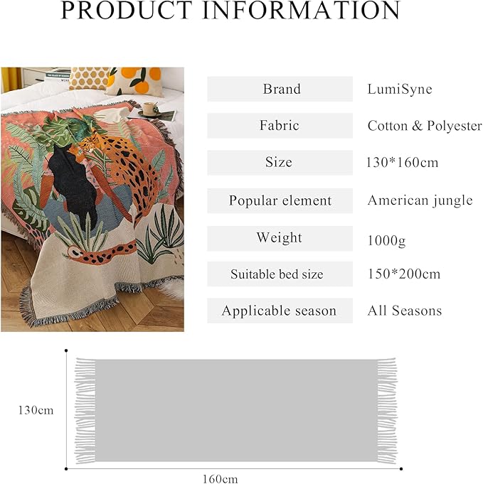 Double-Sided Cotton Woven Throw Blanket with Tassel Jungle Bohemian Style Tapestry Shawl Multi-Function Decorative Throws for Sofa Bed Armchair Camping Blanket Tablecloth Carpet 160x130cm