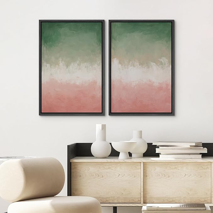 SIGNWIN Framed Canvas Print Wall Art Set Green and Pink Ombre Abstract Contemporary Gradient Modern Art Minimal Boho Relax/Calm for Living Room, Bedroom, Office - 24"x36"x2 Black
