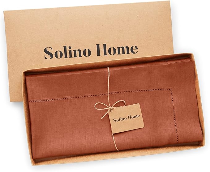 Solino Home Linen Cinnamon Tablecloth 52 x 52 Inch - 100% Pure Linen Square Table Throw - Classic Hemstitch, Machine Washable Table Cloth for Fall, Autumn, Thanksgiving