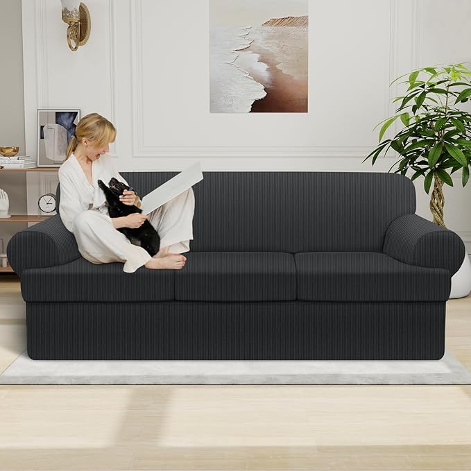 Waterproof Couch Cover 4-Piece Set Striped Sofa Slipcovers for 3 Separate T Cushion Couch - TPU Fabric Sofa Covers Leakproof Couch Protector for Kids, Pets(3 Cushion Sofa, Dark Gray)