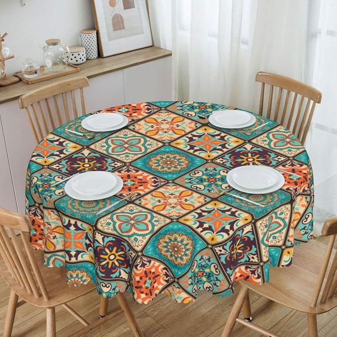 Mexican Ceramic Round Tablecloth, Colorful Talavera Tile Mandala Traditianal Boho Water Resisitant Wipeable Table Cover for Dining Kitchen Living Room Home Party Holiday Decor 70 inch Round