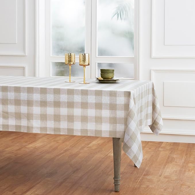 Solino Home Linen Checkered Tablecloth 60 x 108 Inch - 100% Pure Linen Buffalo Plaid Natural and White Table Cloth for Rectangular Tables - Machine Washable Tablecloth for Fall, Autumn, Thanksgiving
