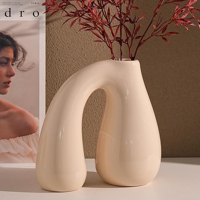 Cream White Ceramic Decorative Pitcher Vase, 7.5 in – Glossy Sculptural Arch-Handle, Modern Home Décor Accent for Fresh or Dried Floral Arrangements, Table/Shelf/Entryway, Giftable