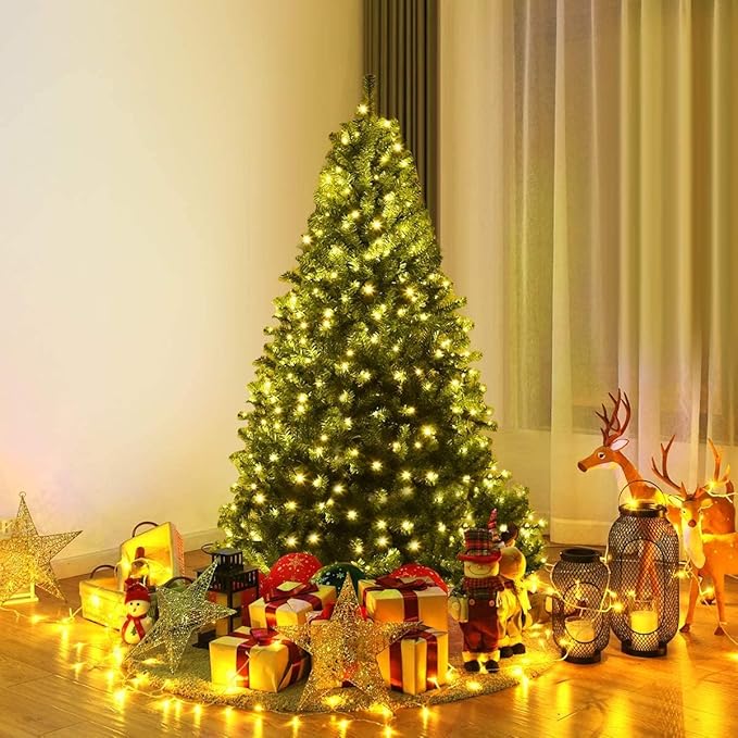 HAPPYGRILL 5FT Pre-lit Artificial Christmas Tree with 600 PVC Branch Tips, Foldable Base, Premium Hinged Spruce Xmas Tree with 11 Color Modes Lights for Holiday Decoration