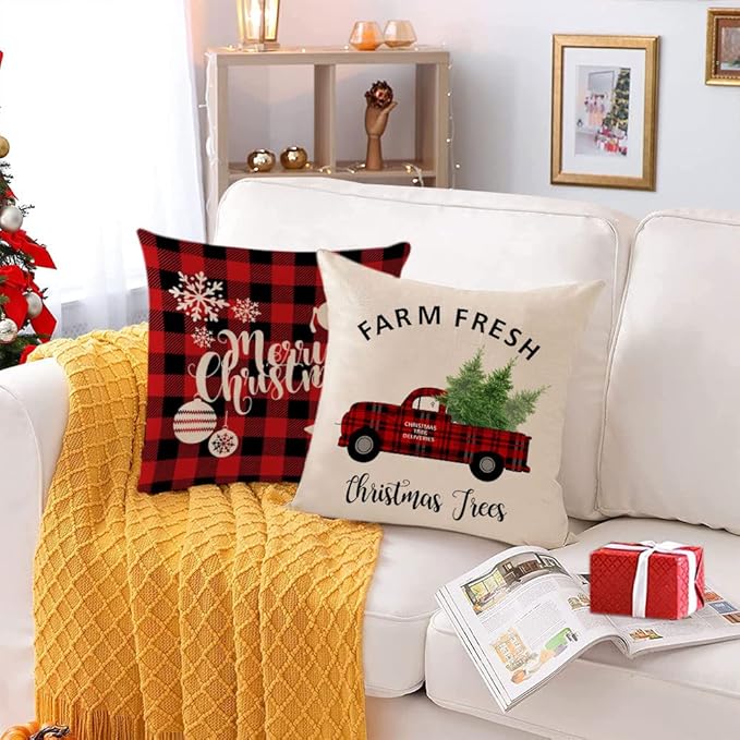 Neatee Living Christmas Pillow Covers 20x20 Set of 4 Red Xmas Vintage Throw Pillows Christmas Tree Deer Snowman Pillow Cases Outdoor Sofa Couch Cushion Covers for Home Decorations (20 by 20)