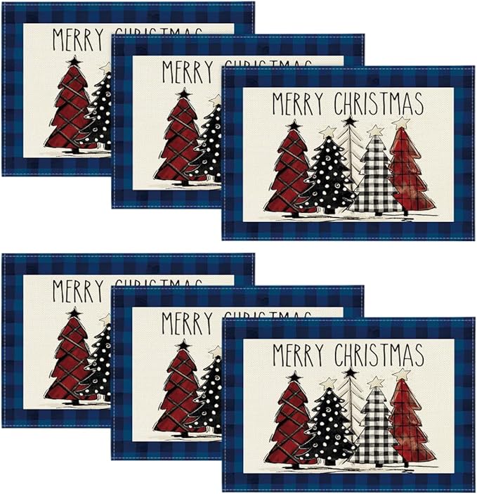 Artoid Mode Blue Waterclor Buffalo Plaid Christmas Trees Placemats Set of 6, 12x18 Inch Winter Table Mats for Outdoor Home Party Kitchen Dining Decor