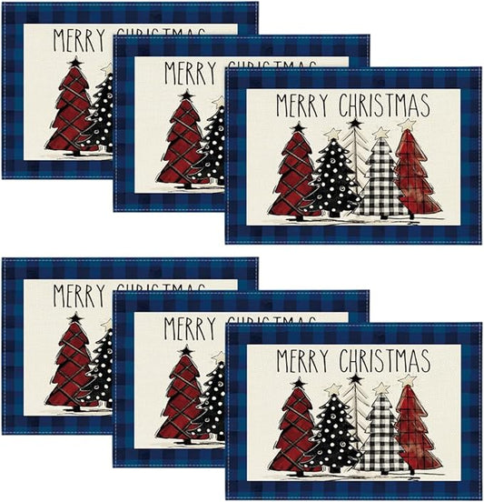 Artoid Mode Blue Waterclor Buffalo Plaid Christmas Trees Placemats Set of 6, 12x18 Inch Winter Table Mats for Outdoor Home Party Kitchen Dining Decor