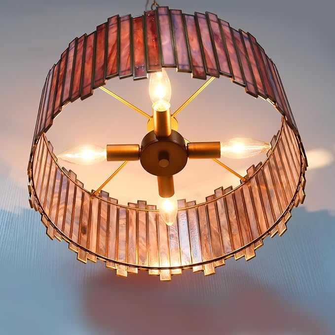 Drum Chandelier 4-Light, Brass Gold Tiffany Pendant Lighting Fixture with Stained Deep Blue Glass Shade, 16” Round Ceiling Hanging Lamp for Bedroom Dining Room Kitchen Entryway Living Room