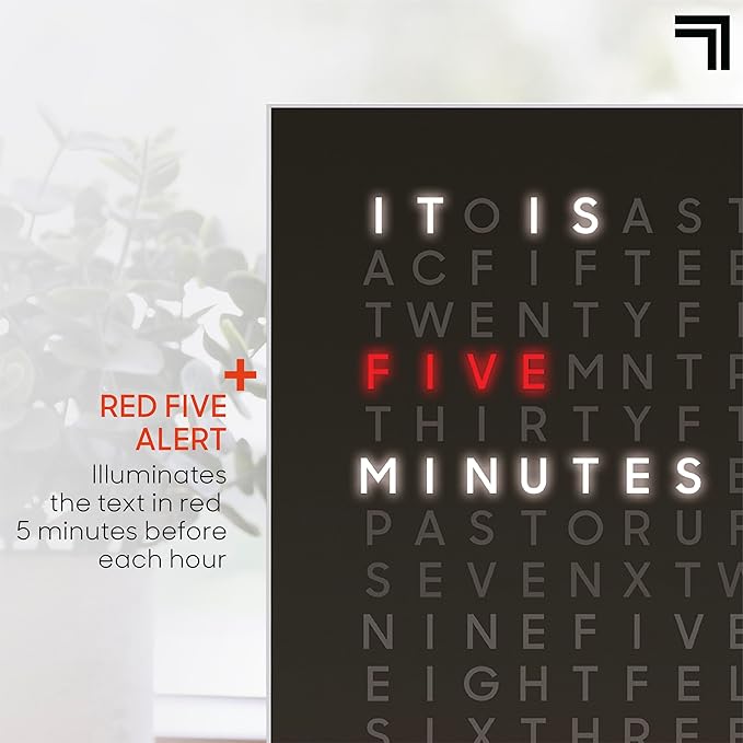 Sharper Image® LED Word Clock Pro with Dimmable Light, 9.45" Modern Design, & Red 5-Minute Alerts| Electronic Accent Wall & Desk Clock| Contemporary Home & Office Decor| Housewarming Gift