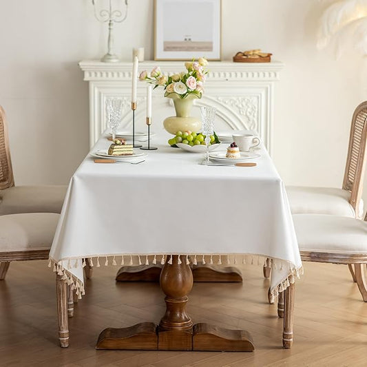 1 Pack Heavy Duty Cotton Tablecloth Soft Wrinkle Resistant Fabric with Decorative Tassles Fringe for Kitchen Dining Table, Natural White, 55x120 Inch