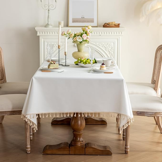 1 Pack Heavy Duty Cotton Tablecloth Soft Wrinkle Resistant Fabric with Decorative Tassles Fringe for Kitchen Dining Table, Natural White, 55x86 Inch