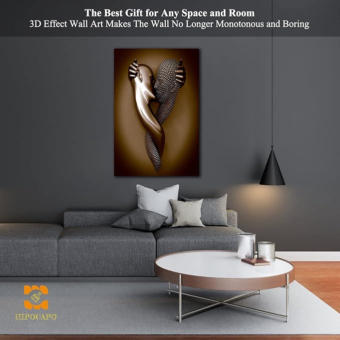 3D Metal Effect Wall Art - 3D Metal Art Wall, Modern Abstract Hug Lovers Painting Picture Poster Prints for Bathroom, Romantic Couple Living Room Canvas Wall Art Framed 24”x36”x1Pcs