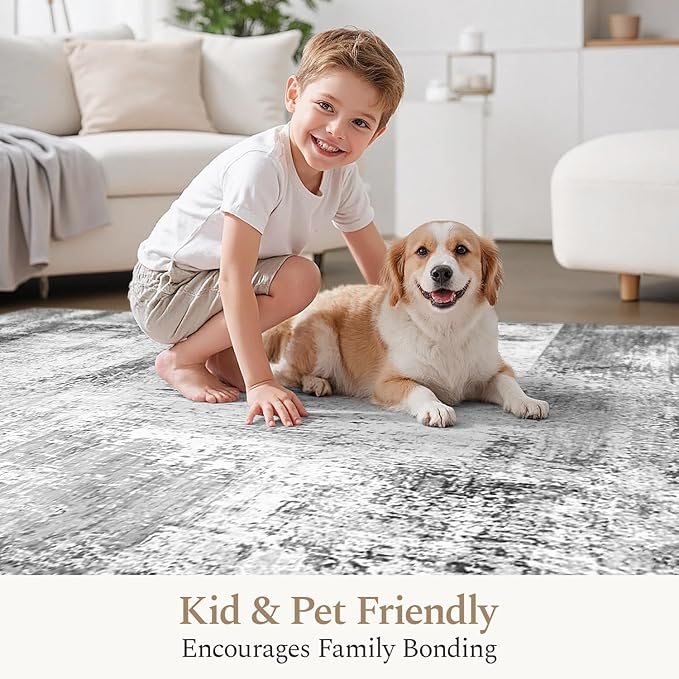 Rugflix 6x9 Area Rugs for Living Room, Washable Rug, Non-Slip, Soft Low Pile Carpet, Stain Resistant, Abstract Rug, Indoor Grey Rug for Bedroom, Dining Room, Home Office
