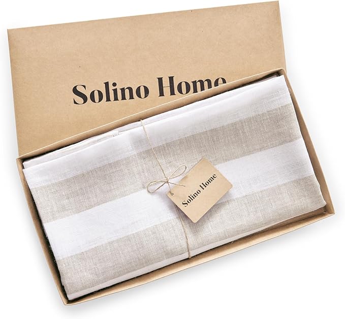 Solino Home Linen 60 Inch Round Tablecloth - Cabana Stripe, 100% Pure Linen Natural and White Round Tablecloth - Machine Washable Table Cloth for Fall, Autumn, Thanksgiving
