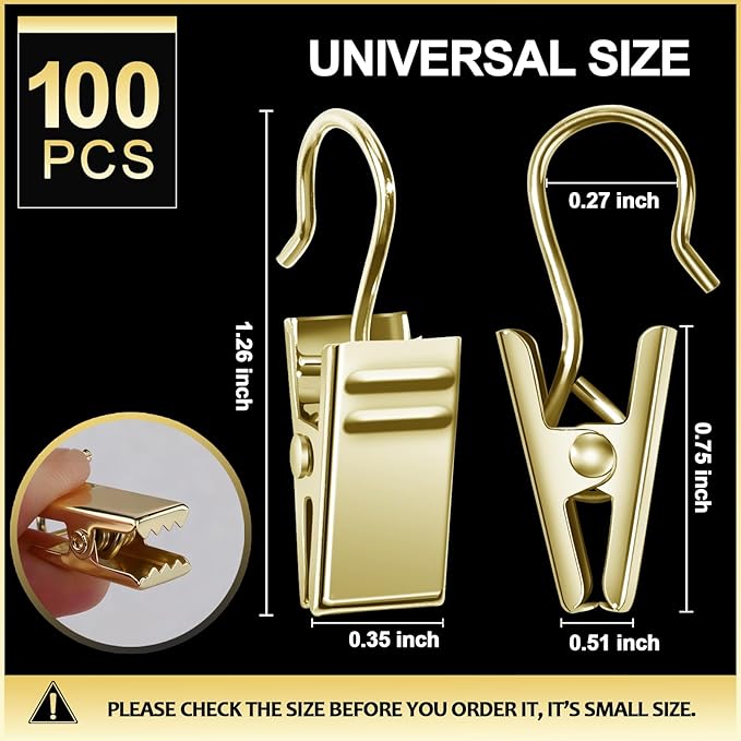Teenitor 100 Pack Gold Curtain Clips Curtain Hooks, Stainless Steel Small Clips for Hanging Curtains, Outdoor String Lights, Art Craft Display, Gold