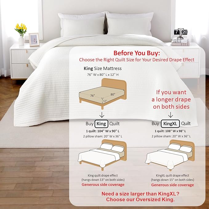 King Quilt Set – 104"x90" Soft Washed 3-Layer Lightweight Bedspread with Multi-Lock Quilting, Minimalist Nordic Bedding, All-Season Quilt Set for Spring & Summer (1 Quilt + 2 Pillow Shams),Cream White