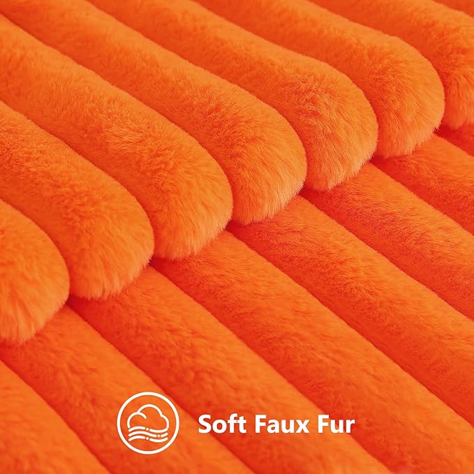 decorUhome Faux Fur Thanksgiving Day Throw Pillow Covers 20x20 Set of 2, Decorative Soft Plush Striped Neutral Couch Euro Pillow Covers with Velvet Back for Sofa, Bed, Living Room Home Decor, Orange