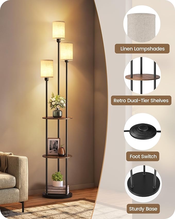 Floor Lamp with Shelves, Modern Floor Lamp with 3 Linen Shades and Foot Switch, 3-Light Standing Lamp, for Living Room, Bedroom, Study, Office, Rustic Brown and Beige EF53LD05