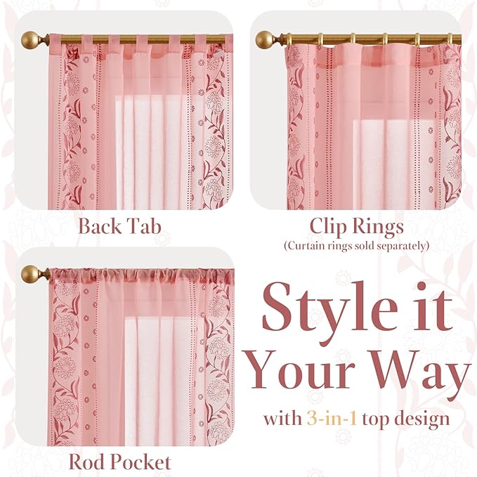 jinchan Winslow Sheer Curtains 63 Inch Length for Dorm Bedroom Bordered Floral Pattern Decorations Short Curtains Light Filtering Window Treatments, 50W x 63L, 2 Panels