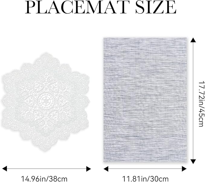 BACKTOEDEN Placemats Set of 6 Heat Resistant Washable Wipeable Placemat Woven Non-Slip Foldable Vinyl/Plastic Place Mats Indoor/Outdoor Mat Kitchen Dining Table Pad, White Snowflake & Gray