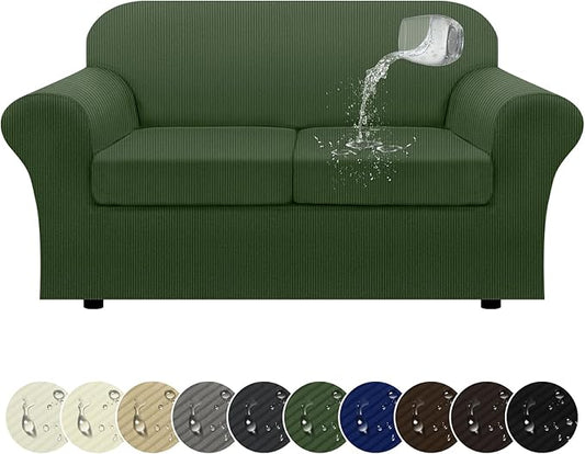 100% Waterproof Loveseat Cover 3-Piece Set Striped Loveseat Slipcovers for 2 Cushion Couch Sofa Covers with TPU Leakproof Bottom Couch Protector Pet Proof - Loveseat, Military Green