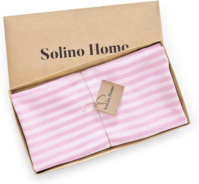 Solino Home Linen 60 Inch Round Tablecloth - Amalfi Stripe, 100% Pure Linen Cherry Blossom and White Round Tablecloth - Machine Washable Table Cloth