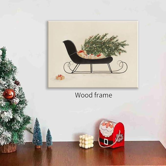 Winter Holiday Sleigh Canvas Wall Art Vintage Christmas Tree Poster Retro Botanical Pine Tree Sketch Painting Prints 08x10 inch Framed for Living Room Bedroom Wall Decor