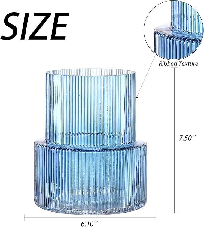 Blue Glass Vase, Ribbed Glass Vase, Fluted Glass Vase, Flower Vase for Bouquet, Ribbed Vase for Flowers, Blue Vase for Living Room, Dining Table, Entryway, Shelf, Wedding, Office,7.5 Inches