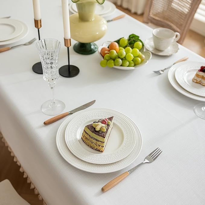1 Pack Heavy Duty Cotton Tablecloth Soft Wrinkle Resistant Fabric with Decorative Tassles Fringe for Kitchen Dining Table, Natural White, 55x102 Inch
