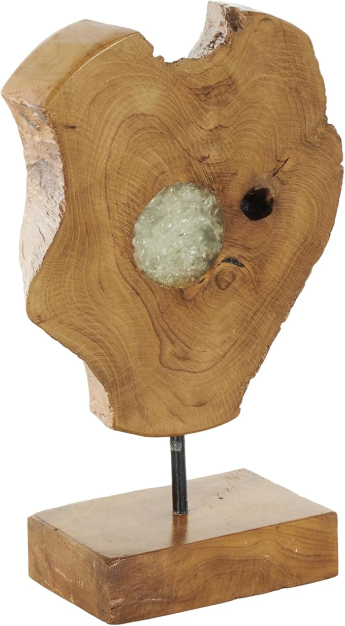 Deco 79 Teak Wood Abstract Decorative Sculpture Home Decor Statue with Resin Embedded, Accent Figurine 10" x 4" x 12", Brown