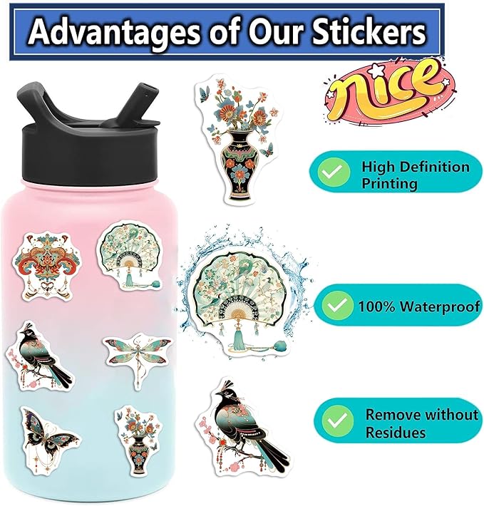 Vintage Chinoiserie Art Stickers - 50Pcs Vinyl Waterproof Chinese Elements Aesthetic Stickers for Water Bottle,Laptop,Scrapbooks,Tumblers
