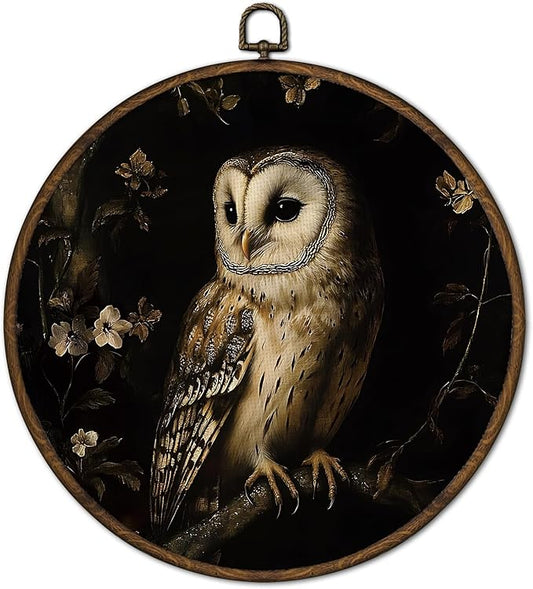 cvjutf Moody Gothic Barn Owl Wall Art Decor Framed, Dark Academia Cottagecore Owl Botanical Round Wall Decor Decorations, Gothic Witchy Canvas Prints Art for Home Bedroom Living Room Gallery, 10x10