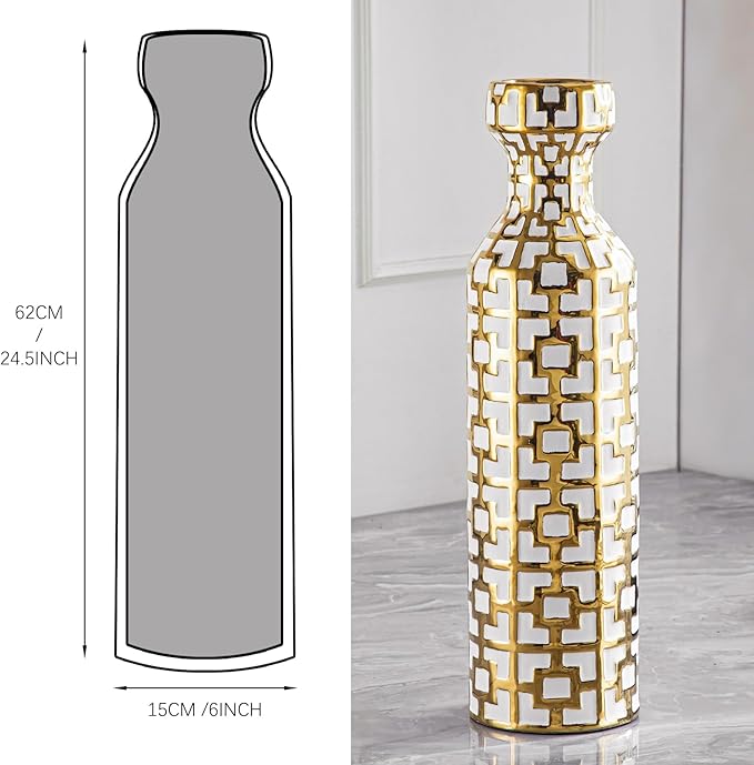 Pair of 24.4" Tall Ceramic Cylinder Vases with Geometric Gold Accents, Large Flower Vase, Decorative Vase - Modern White & Gold Floor Vases for Living Room, Entryway Decor (Set of 2)